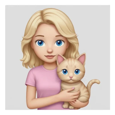 make a girl emoji that has blonde wavy hair and blue eyes with a light pink t shirt holding a grey cat sticker