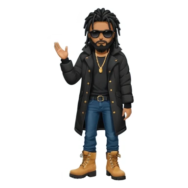 African American man with shoulder length black dreadlocks with black beard wearing black sunglasses wearing a black bubble winter coat  wearing denim skinny jeans and timberland boots standing in front of a Christian church sticker