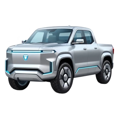 A futuristic electric pickup truck emoji, silver chrome body, angular cyber design, smooth metallic panels, subtle reflections, minimalistic proportions, iOS emoji style, centered composition, clean white background, soft lighting sticker