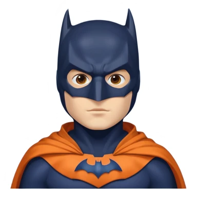 generate a batman emoji with just the face and neck showing and part of the cloak and and wings. Shade the mask in dark navy blue. Shade the chest in a bright medium olive green. Shade the cloak in a solid vibrant orange sticker