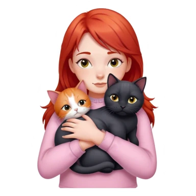 
a girl with red hair in pastel clothes hugs a black British cat sticker