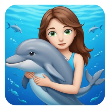 brown hair girl with greenish blue eyes hugging a dolphin sticker