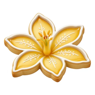 Realistic shortbread cookie in the shape of a lily flower with pastel yellow color jelly middle filling and sprinkled powder sugar on top. sticker