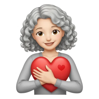 Silver hair, wavy/curly hair chin-length lady giving hug with 2 arms,  v-neck and smiling, add a heart sticker
