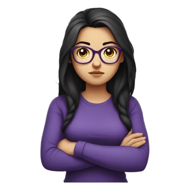 angry scowling white girl, purple t-shirt, long black hair, wearing glasses, with arms crossed over chest. sticker