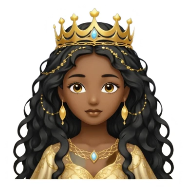 a black beautiful angel with gold pattern on her face and and long wavy black hair, she wears a ethereal crown with sparkling strings and a beautiful sparkling golden gown with moon crest in the middle of the gown, her face calm, gentle and kind, magical aura around her sticker