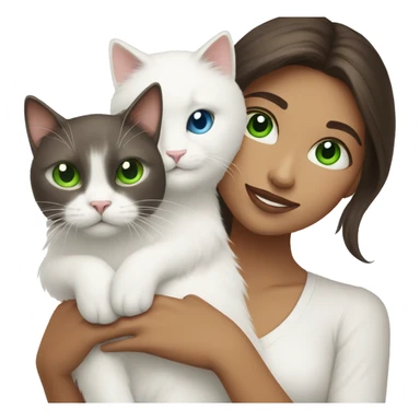 brunette with green eyes holds a white fluffy cat with blue eyes sticker