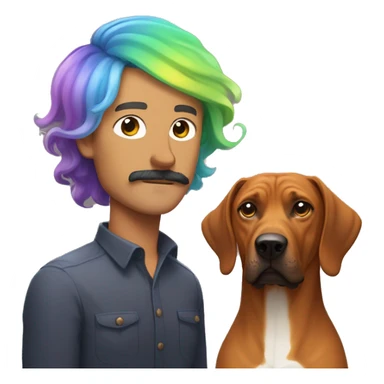 white male with rainbow colored hair and curled mustache standing alongside a brown rhodesian ridgeback dog sticker