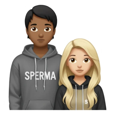 I want it to be this emote 🙍‍♂️
of a guy with black hair and a black sweatshirt with the word "sperma" written in white in the middle. Behind him, there's a pretty blonde with long hair, pulling the string on the first person's hoodie. The girl is wearing a gray sweatshirt. sticker