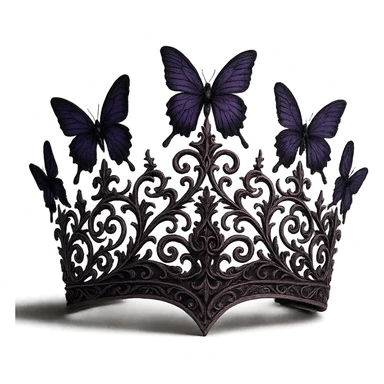 mysterious and elegant butterfly crown, matte pink with purple butterflies, gothic filigree, transparent background sticker