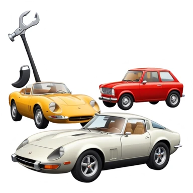 Collage emoji symbolizing a passion for cars: a sleek sports car, a vintage classic car, and an off-road SUV. The background features a cozy garage with tools, car posters, and warm lighting, emphasizing a home hobby atmosphere. Transparent background. sticker