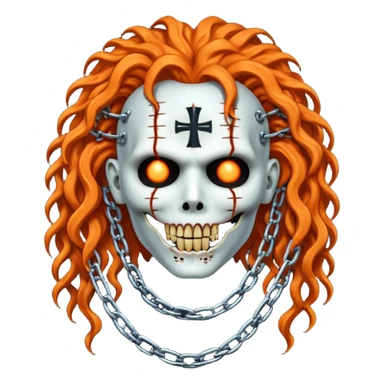 Megadeth - pinhead Hellraiser corpse made of rusty metal with chains on its teeth, huge curly orange hair sticker