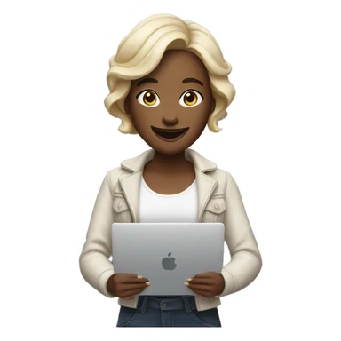 memoji of a cool woman smiling and has a laptop sticker