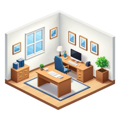 An isometric 3D room with two white walls that meet at the back left and right. Home Office Room sticker