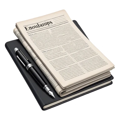 Create an emoji representing journalism and publicistic writing. The design should feature a stack of newspapers, an open notebook with visible text, and a single fountain pen placed near the notebook, symbolizing the act of writing. Use neutral, professional colors like black, white, and muted tones to convey a sense of seriousness and intellect. Do not include any emojis or smiley faces. Make the background transparent. sticker