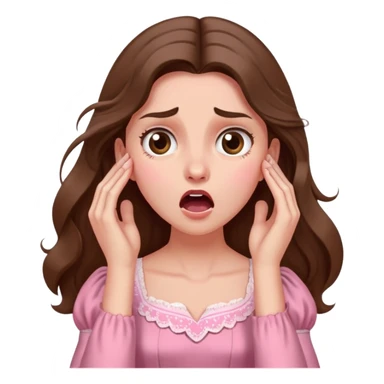 girl with long brown hair dramatically gasping, hand to forehead, vintage pink dress sticker