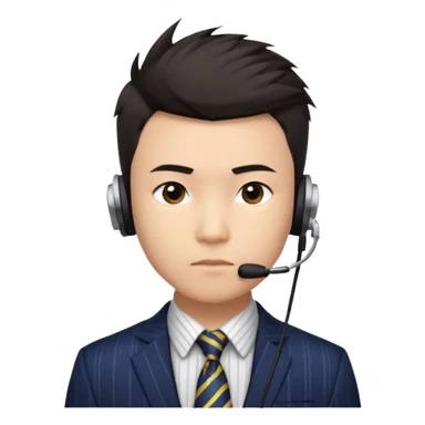A young Asian man with light skin, short dark hair styled upward with a spiked swoop in front, a clean-shaven face, focused eyes, and a slim headset over one ear, wearing a dark pinstripe suit with a patterned dress shirt and a bright solid-colored tie visible from the chest up. sticker