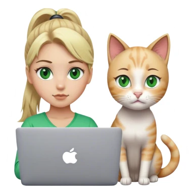 Blonde girl ponytail green eyes with macBook and a cat sticker