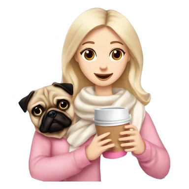Blonde girl with white scarf pink jumper cup of hot chocolate, marshmallows a flake and cream. With a pug brown dog sticker