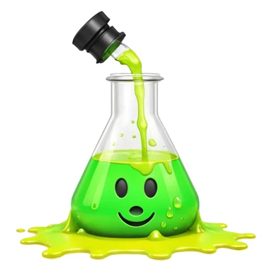 3D render of Spilled Flask, toxic waste aesthetic, neon green bubbling liquid, caution yellow metal, industrial warning texture. sticker