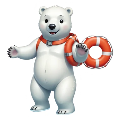 full body friendly anthropomorphised polar bear smiling wearing colorful swim suit and scuba goggles holding red and white life buoy standing in small puddle sticker