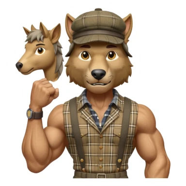 extremely super-duper hyper muscular wolf furry extremely exaggerated muscles with chiseled face, horse-length bullneck and an elongated snout, wearing a plaid dress shirt halfway buttoned, khaki dress slacks and very large newsboy cap on his head while flexing his bicep muscles sticker
