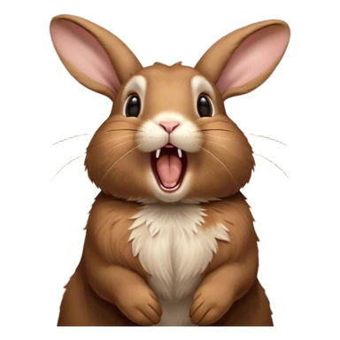 Cinematic Cute Yawning Brown Rabbit Portrait Emoji, Head tilted slightly with a dramatic, wide-open yawn, showcasing a smooth, rich brown fur with floppy ears, round brown eyes barely open in drowsy contentment, Simplified yet irresistibly adorable features, highly detailed, glowing with a soft, cozy glow, high shine, relaxed yet expressive, stylized with a touch of whimsy, bright and endearing, soft glowing outline, capturing the essence of a sleepy yet affectionate bunny, so drowsy it feels like it could stretch out of the screen and curl up for a nap! sticker