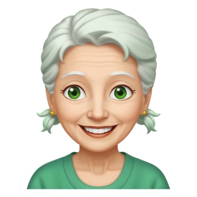 abuela con ojos verdes, pelo blanco, pelo blanco y amarrado, aspecto feliz, pelo blanco, no verde, solo verde los ojos sticker