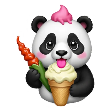 Panda eating jalapeño ice cream topped with hot sauce sticker