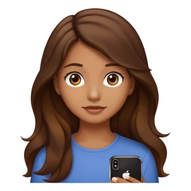 chica con el pelo castaño, largo, ondas sutiles, ojos marrón oscuro, estilo emoji de iPhone sticker