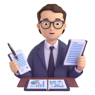 male accountant with financial reports, pen and glasses sticker