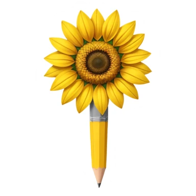 A hyper-realistic object that is half sunflower and half wooden pencil, merging seamlessly at the midpoint. Bright yellow petals, natural textures, detailed graphite tip, soft studio lighting, high-resolution. sticker