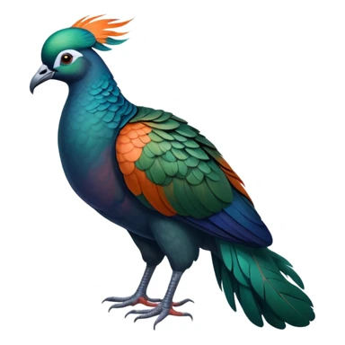Nicobar pigeon with iridescent blue-green feathers, long neck feathers, bright orange beak, and white tail sticker