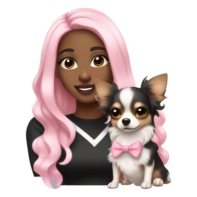 black pretty girl with long black wavy hair with bright brown eyes and wearing a light pink hair bow holding a black and white long haired chihuahua puppy also wearing a hair bow sticker