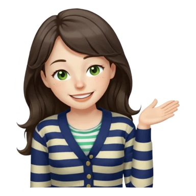 Gorgeous brunette girl green eyes pale with freckles, eyes shut tight happily smiling, striped cream and navy blue cardigan and cream shirt, with swoop bangs and long wavy hair laughing eyes squinted closed, one hand placed on stomach sticker