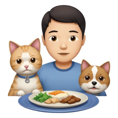 Asian man squinting about to eat a cat with a dog on a plate￼ sticker