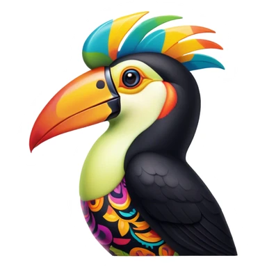 Cinematic Noble Toucan Portrait Emoji, Poised and regal, with a vibrant, striking beak and a sleek, colorful body adorned with bold patterns and keen, observant eyes, Simplified yet sharp and sophisticated features, highly detailed, glowing with a soft, tropical radiance, high shine, intelligent and majestic, stylized with an air of exotic elegance, focused and alert, soft glowing outline, capturing the essence of a watchful and confident avian guardian that appears ready to take flight out of the screen with effortless authority! sticker