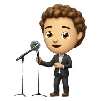  men with brown hair and light skin on stage spotlight with microphone stand in front of him with show spotlights on a stage sticker