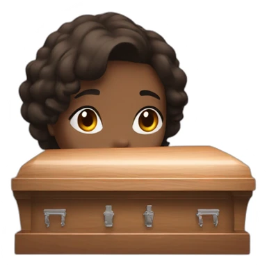 brunette head next to a coffin sticker