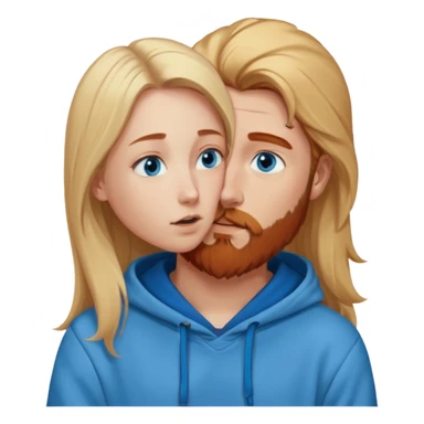 Long-pale-blonde hair, beautiful girl with blue eyes-wearing a light blue hoodie, facing, kissing reddish-brownish hair and beard boy blue eyed white guy in a dark blue hoodie sticker