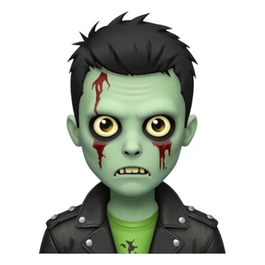 Hombre zombie de piel verde con chaqueta de cuero punk, pelo corto negro sticker