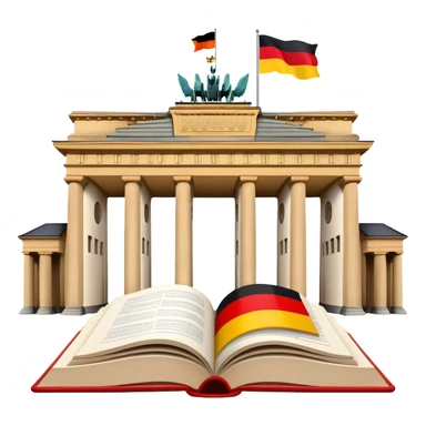 An icon featuring the Brandenburg Gate and the big flag of Germany, symbolizing the German language. The design includes an open book with German text representing language learning and German culture. Transparent background highlights the essence of German heritage. sticker