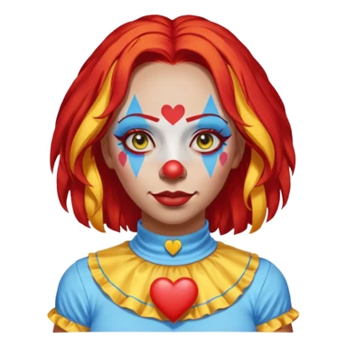 wendy thomas  the clown from gta rp nopixel she has a blue sun on covering right eye with three yellow lines below her right eye and above her left eye. she has long bright red hair and light blue eyes with a heart choker sticker