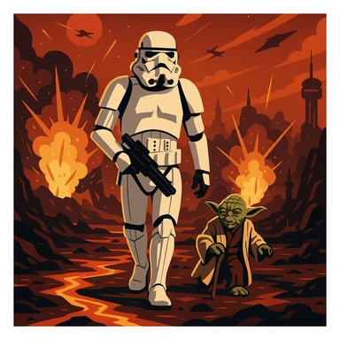 vector art of a Starwars stormtroopers is walking on lava planet with yoda, battleground background 
 sticker