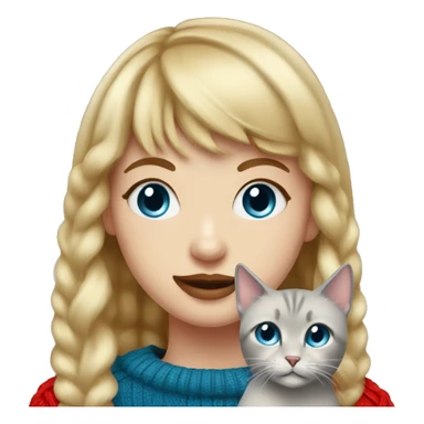 girl with blonde hair and bangs (a fringe) with blue eyes, long eyelashes and red lipstick in a red cable knit sweater holding a grey cat sticker