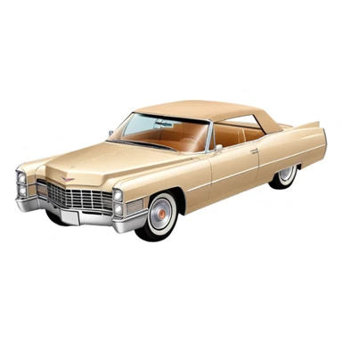 Extremely minimalist beige 1966 Cadillac DeVille, bare essential details, simple geometric shapes, 30-degree angle, Once Upon a Hollywood inspired, iOS emoji style sticker