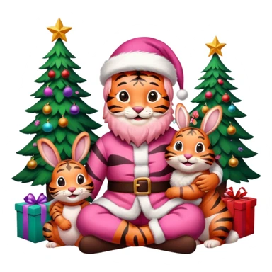 Smiling Pink tiger with Santa sitting with a bunny as friends and brightly lit colorful Christmas trees 🎁  sticker