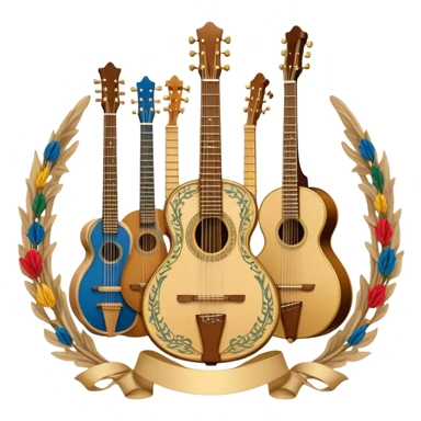 Create a complex, ceremonial, and professional emoji resembling a coat of arms, symbolizing plucked string instruments. The design should feature a combination of elements such as the necks and fretboards of various plucked string instruments like guitars, harps, and mandolins. The strings should be clearly visible, and the frets should be detailed. Intertwining with the instruments, there should be a flowing ribbon of musical notes, curving elegantly around the instruments and connecting them. The colors should include golden metallic tones, warm wood finishes, and silver accents to emphasize the professional and festive nature of the design. The background should be regal, using subtle textures or patterns to give a sense of grandeur, while keeping the instruments and notes as the focal point. The design should evoke a sense of celebration and sophistication, reflecting the rich tradition of plucked string instruments. sticker