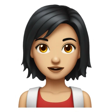 a girl with black hair and red eyes with wavey hair and mad sticker