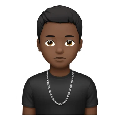 Generate a emoji of a black boy with dark skin, wearing a black compressed T-shirt, with short 4C black hair and make him wearing a silver chain, and make the chain thin sticker